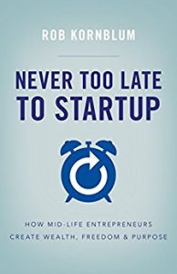 Book cover of Never Too Late to Startup: How Mid-Life Entrepreneurs Create Wealth, Freedom & Purpose by by Rob Kornblum in light blue color and a blue clock in the middle with circle arrows inside