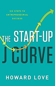 Book Cover of The Start-Up J Curve: The Six Steps to Entrepreneurial Success by Howard Love in mint color with yellow, green and orange arrows