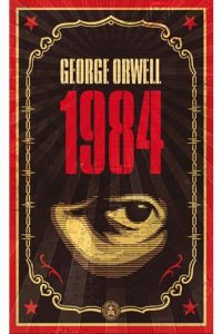 1984 by George Orwell's book in red and cream color with 4 red stars in the corner and an eye in the middle