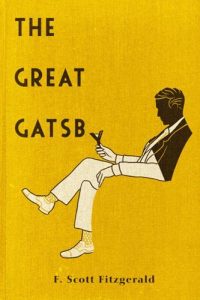 The Great Gatsby book by F. Scott Fitzgerald in a yellow background and an illustration of a man in white and black color