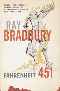 Book cover of Ray Bradbury’s Fahrenheit 451 in cream color with an illustration of a paper man burning